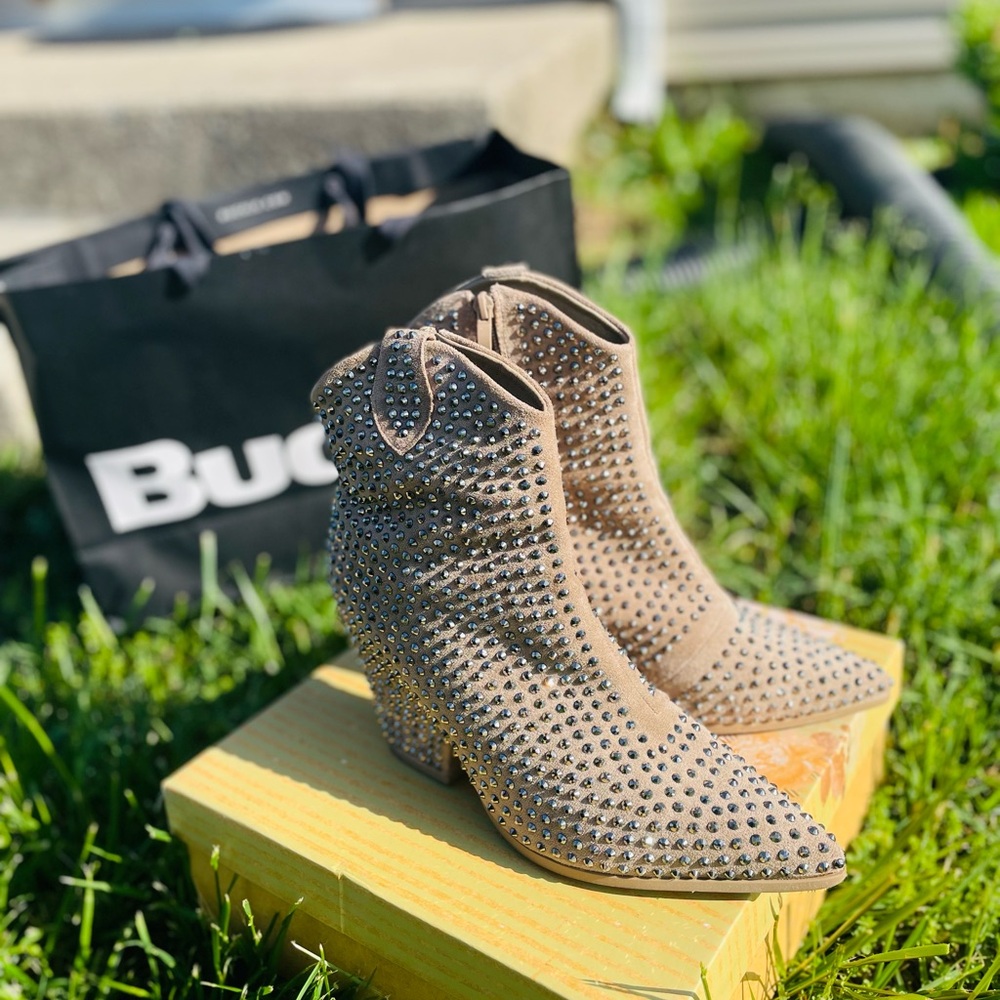 Tan Perforated Ankle Booties with Western Flair